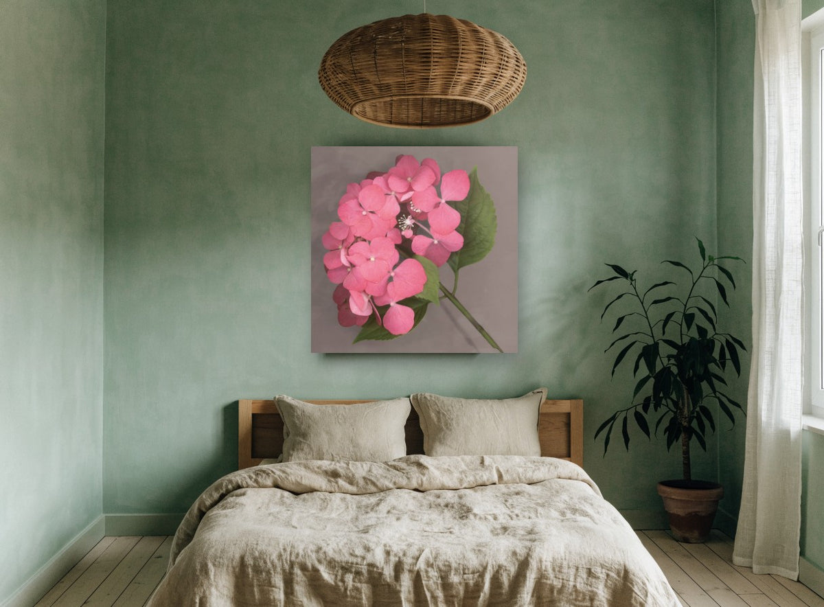 Rose Pink Hydrangea floral canvas print on the wall of a bedroom