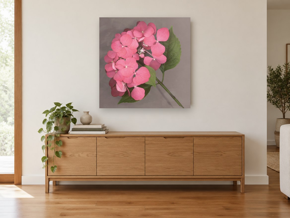 Rose Pink Hydrangea floral canvas print on the wall of a living room above a sideboard