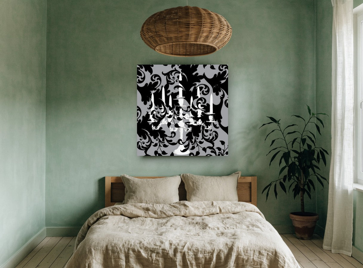 Candelabra Damask Noir vintage canvas print on the wall of a bedroom