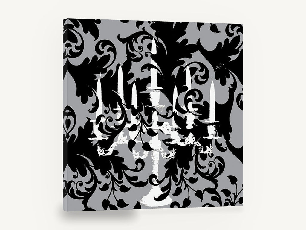 Candelabra Damask Noir, black and white candelabra damask, stretched canvas wall art print ready to hang