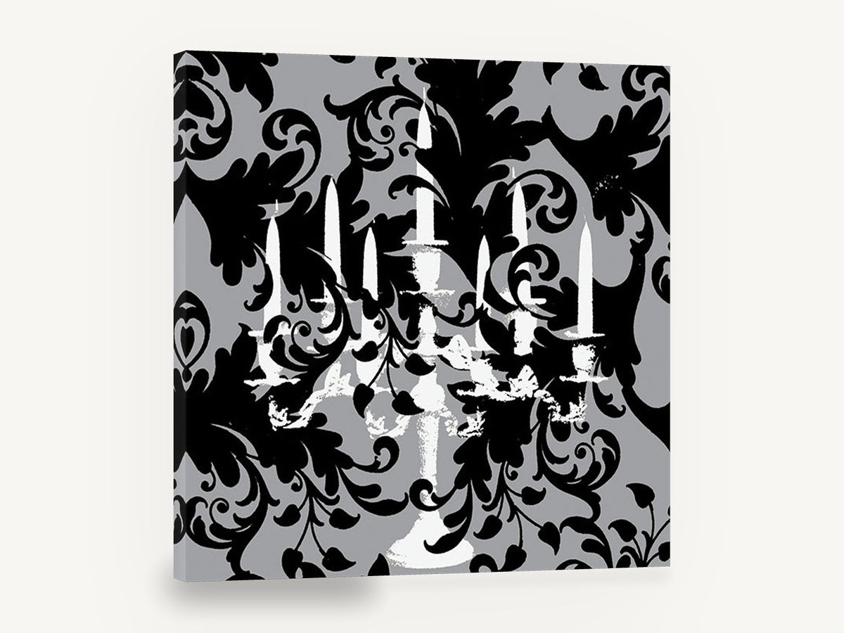 Candelabra Damask Noir, black and white candelabra damask, stretched canvas wall art print ready to hang