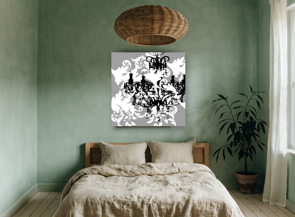 Baroque Chandelier Silhouette vintage canvas print on the wall of a bedroom