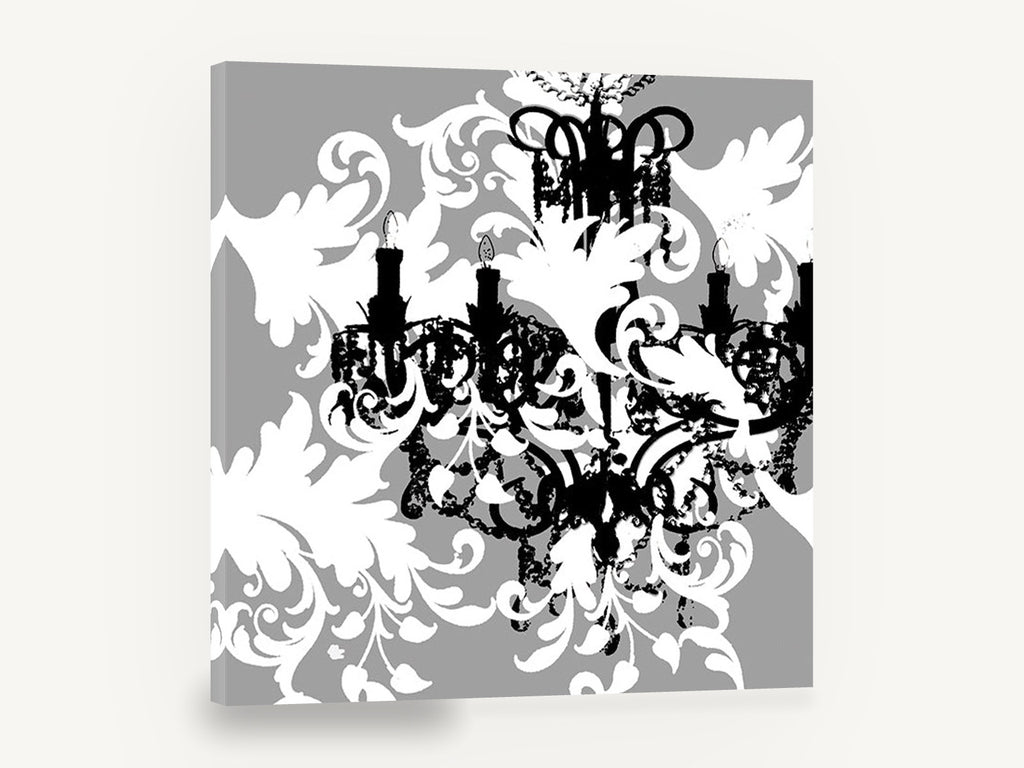 Baroque Chandelier Silhouette, retro black chandelier damask, stretched canvas wall art print ready to hang