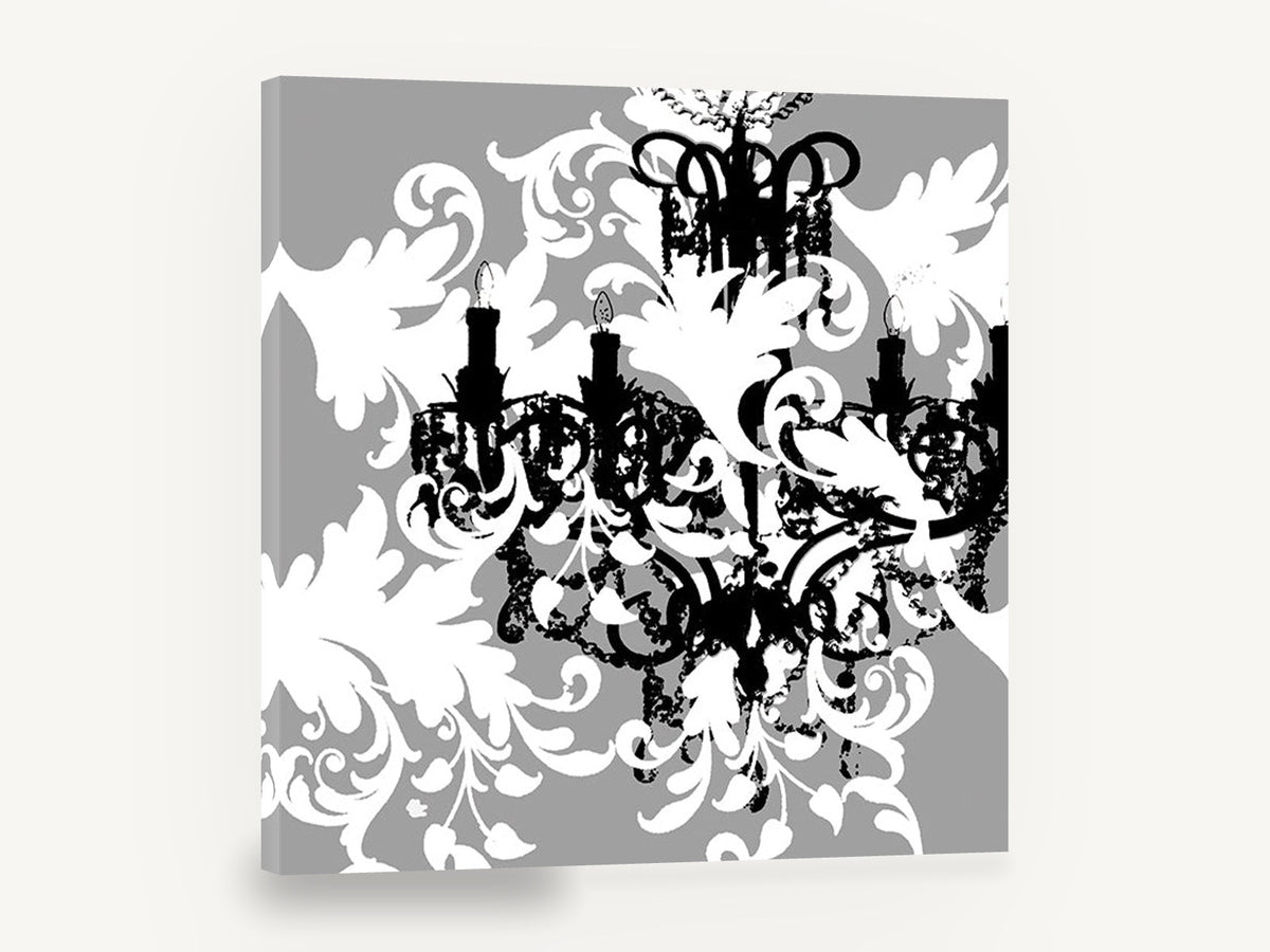Baroque Chandelier Silhouette, retro black chandelier damask, stretched canvas wall art print ready to hang