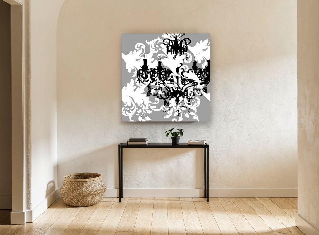 Baroque Chandelier Silhouette vintage canvas print on the wall of a hallway