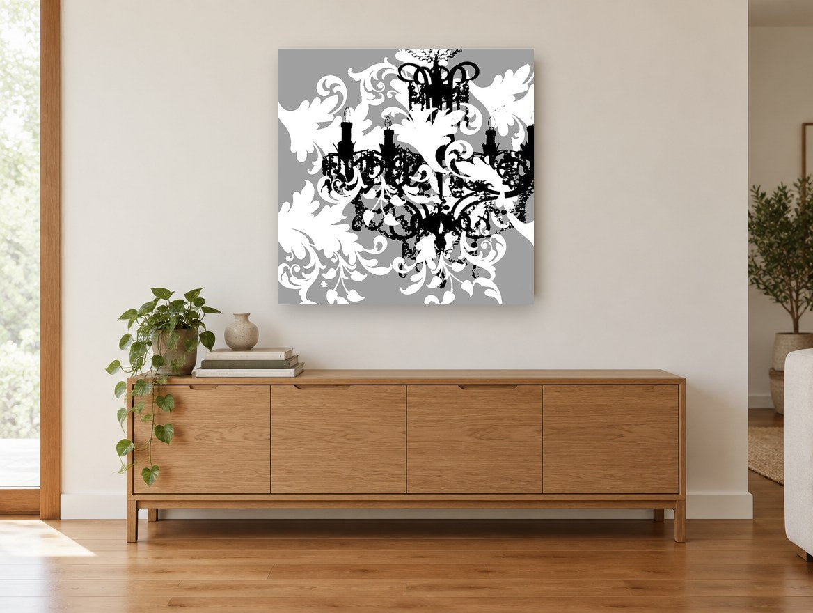 Baroque Chandelier Silhouette vintage canvas print on the wall of a living room above a sideboard