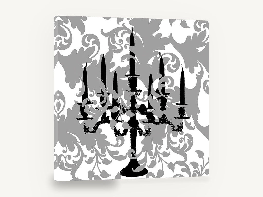 Candelabra on Damask, retro black candelabra damask, stretched canvas wall art print ready to hang