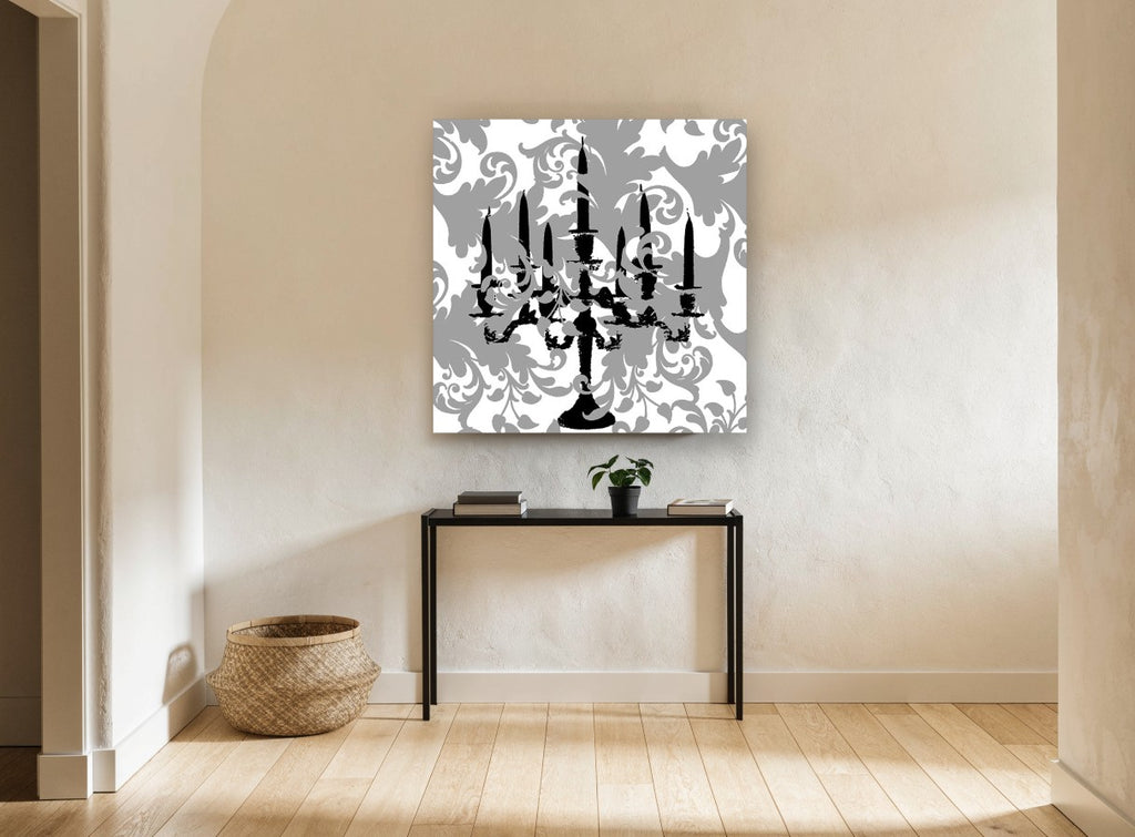 Candelabra on Damask vintage canvas print on the wall of a hallway