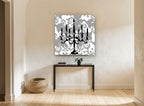 Candelabra on Damask vintage canvas print on the wall of a hallway