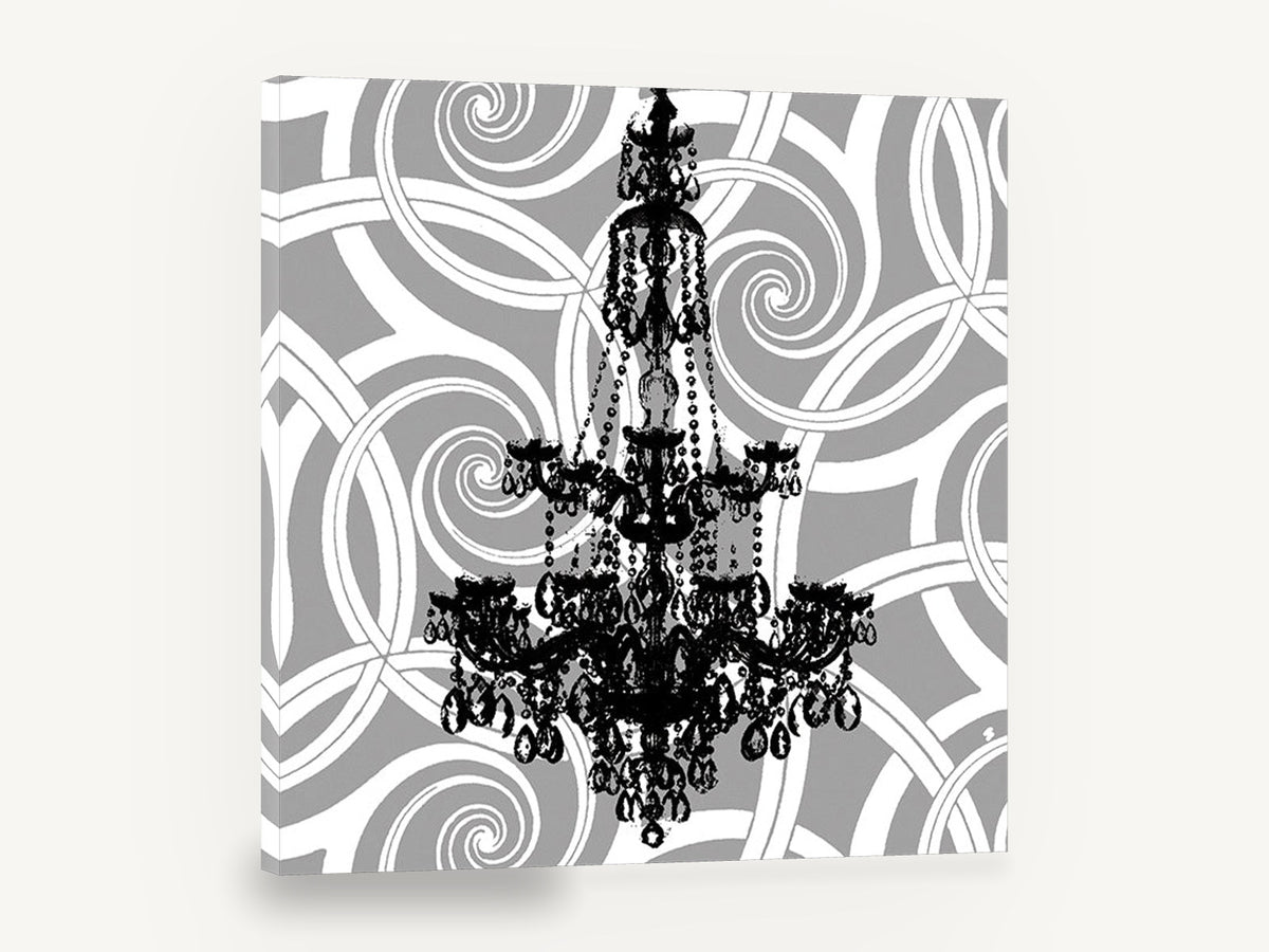 Chandelier Over Swirls, retro black chandelier swirl, stretched canvas wall art print ready to hang