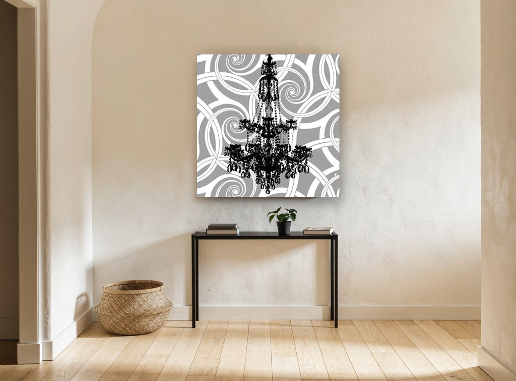 Chandelier Over Swirls vintage canvas print on the wall of a hallway