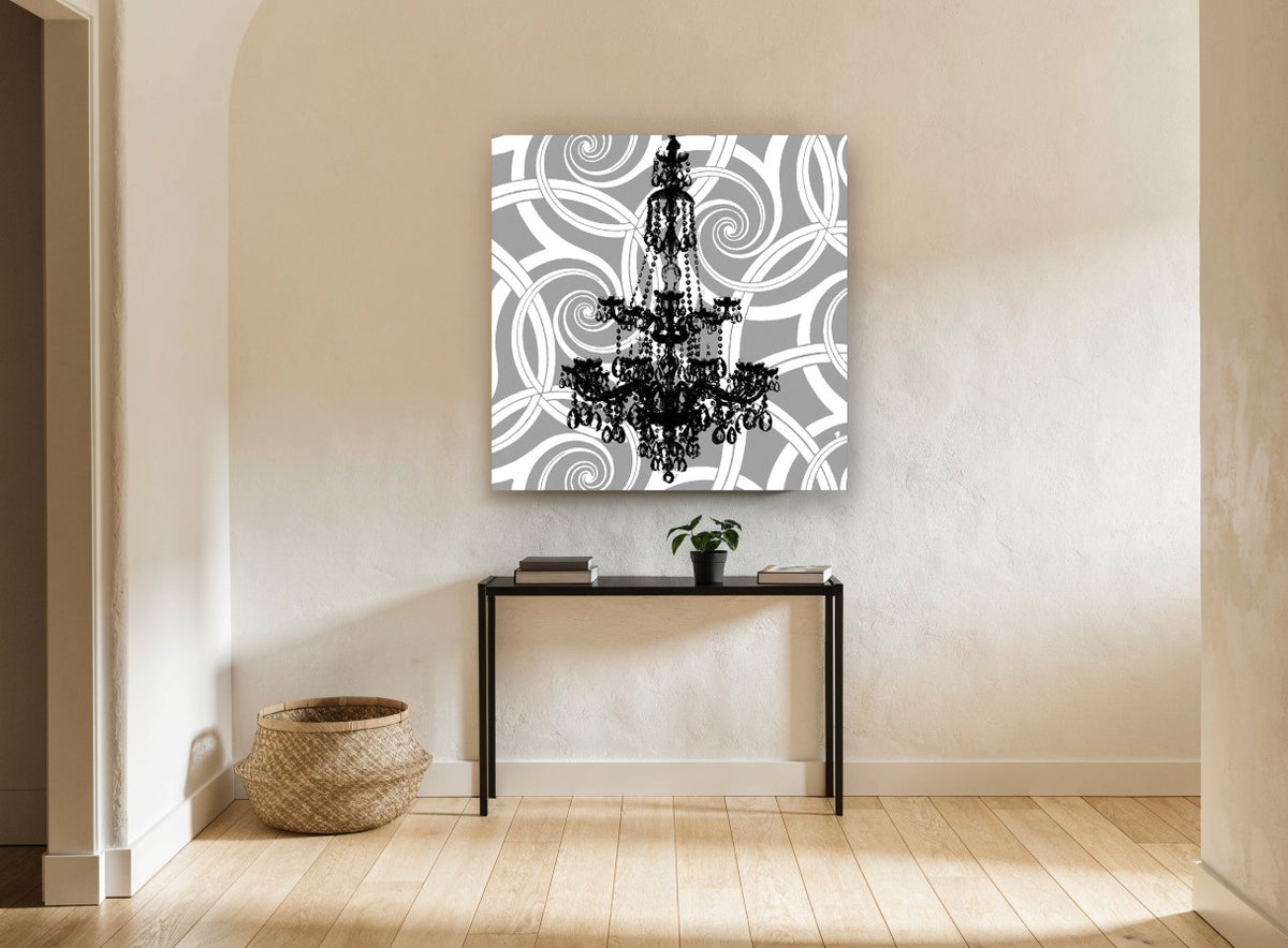 Chandelier Over Swirls vintage canvas print on the wall of a hallway