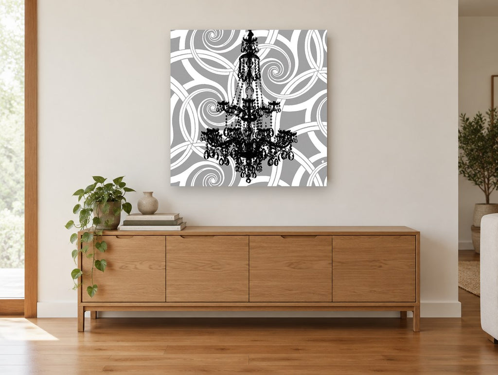 Chandelier Over Swirls vintage canvas print on the wall of a living room above a sideboard