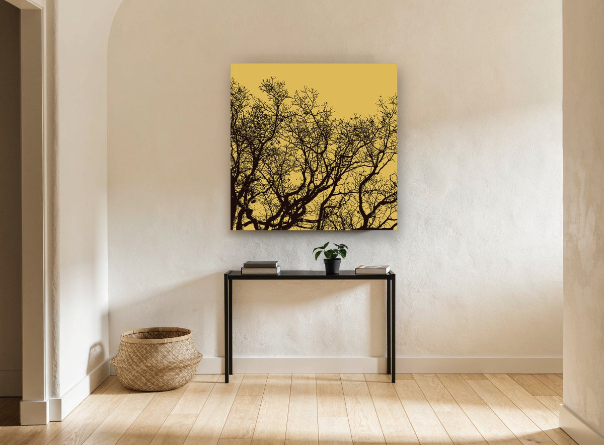 Golden Branch Silhouette landscape canvas print on the wall of a hallway