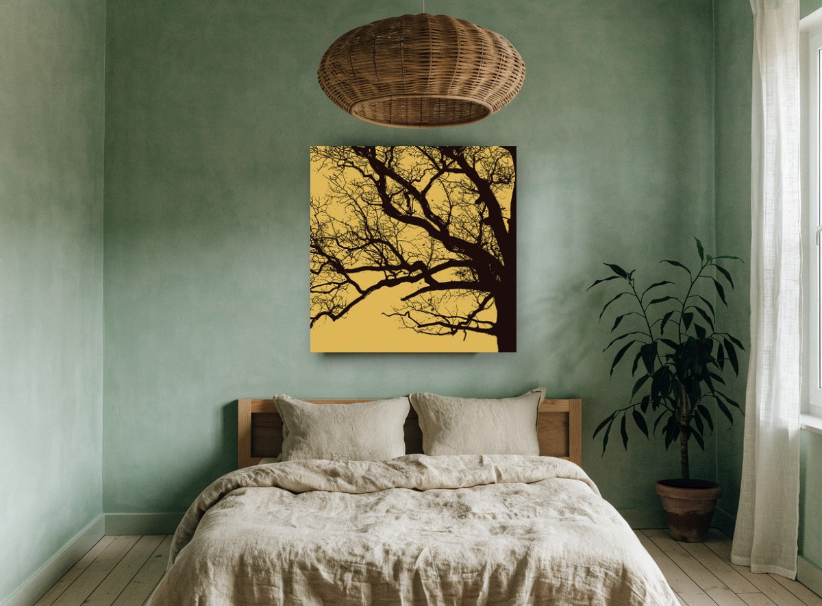 Amber Oak Silhouette landscape canvas print on the wall of a bedroom