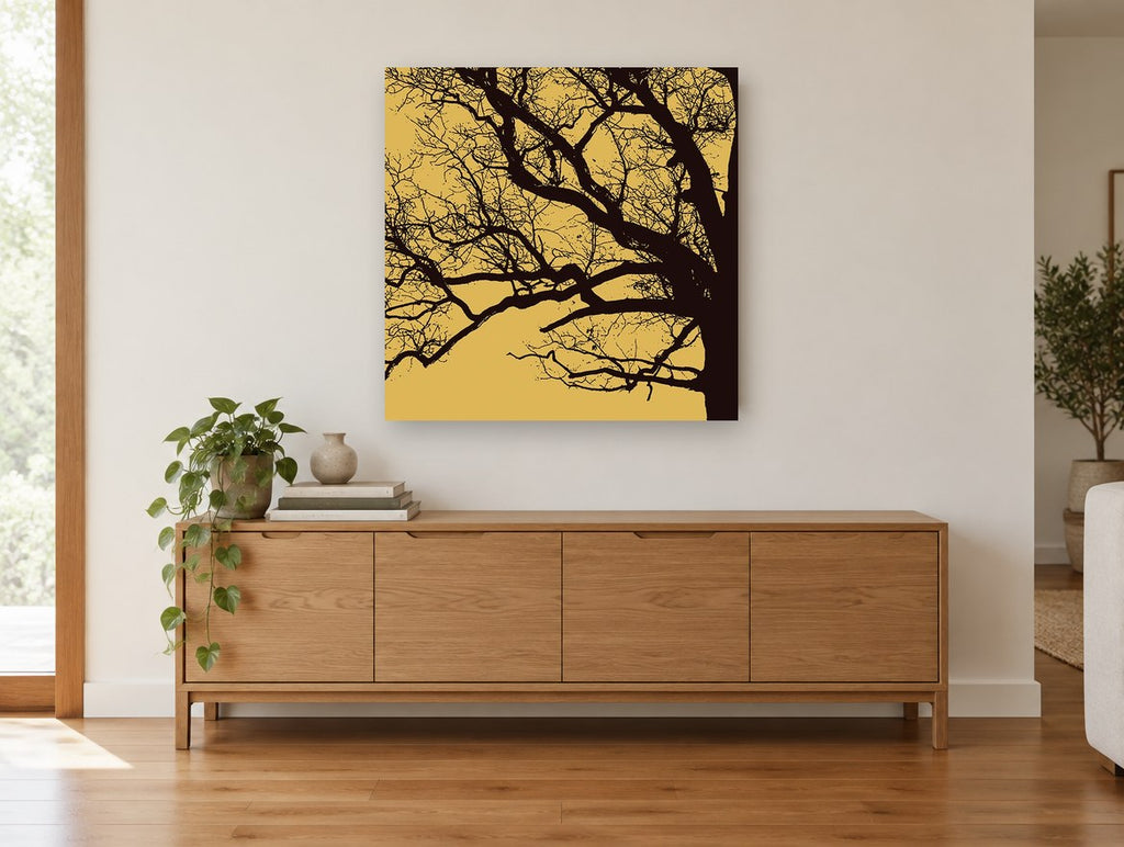 Amber Oak Silhouette landscape canvas print on the wall of a living room above a sideboard