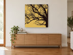 Amber Oak Silhouette landscape canvas print on the wall of a living room above a sideboard
