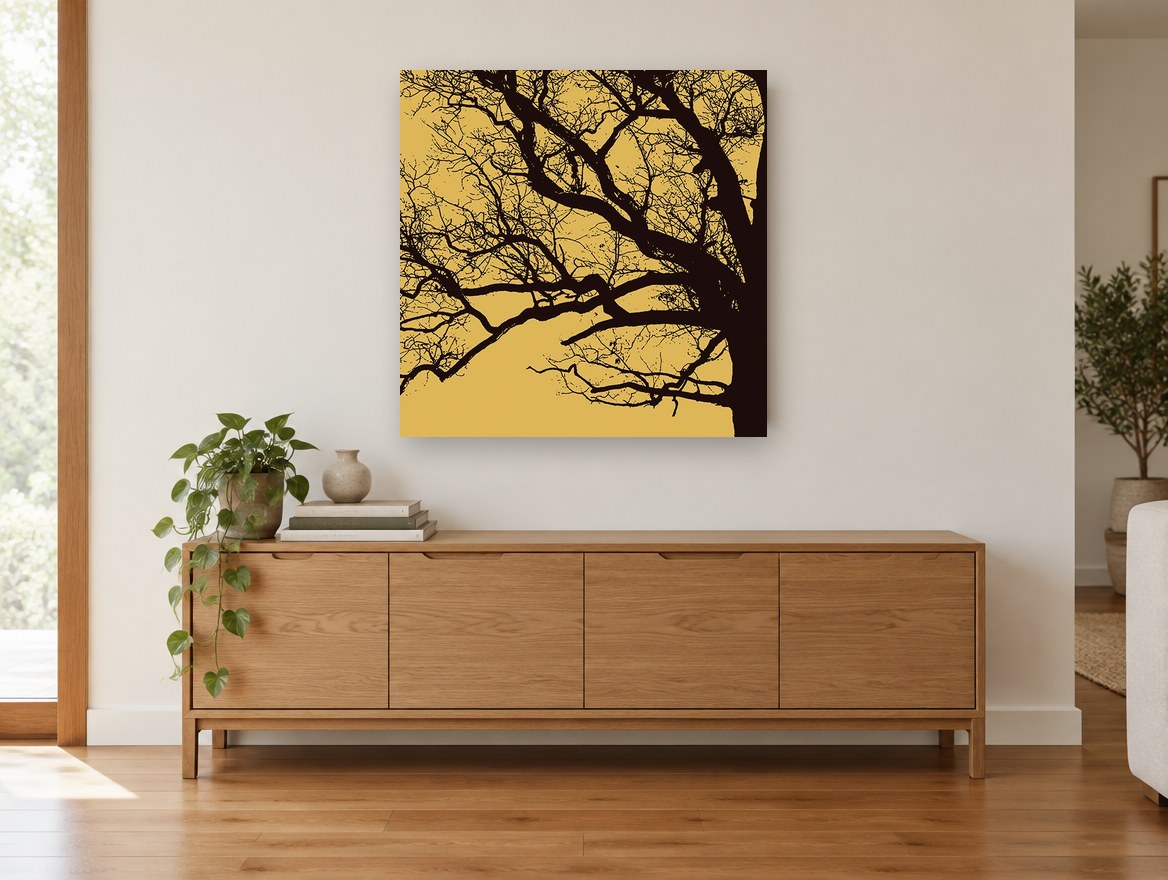 Amber Oak Silhouette landscape canvas print on the wall of a living room above a sideboard