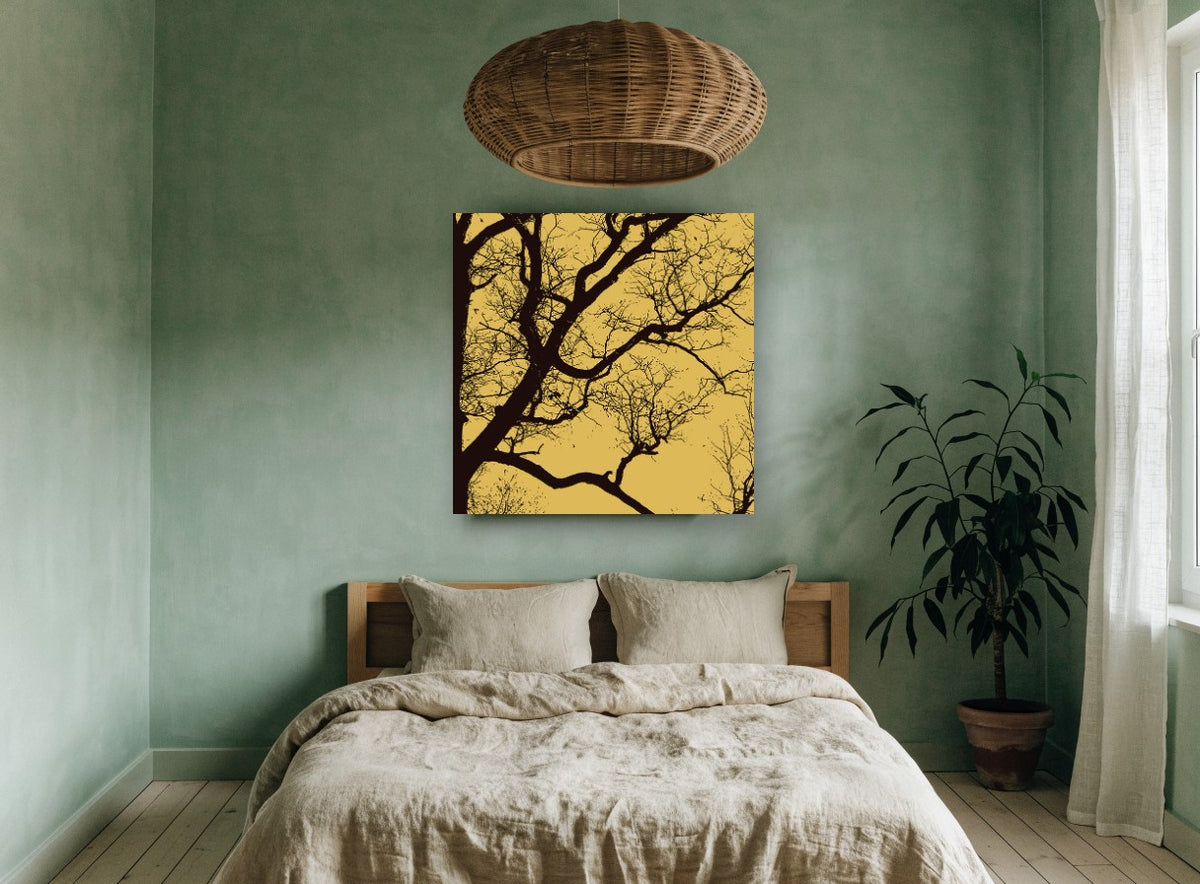 Ochre Branch Silhouette landscape canvas print on the wall of a bedroom