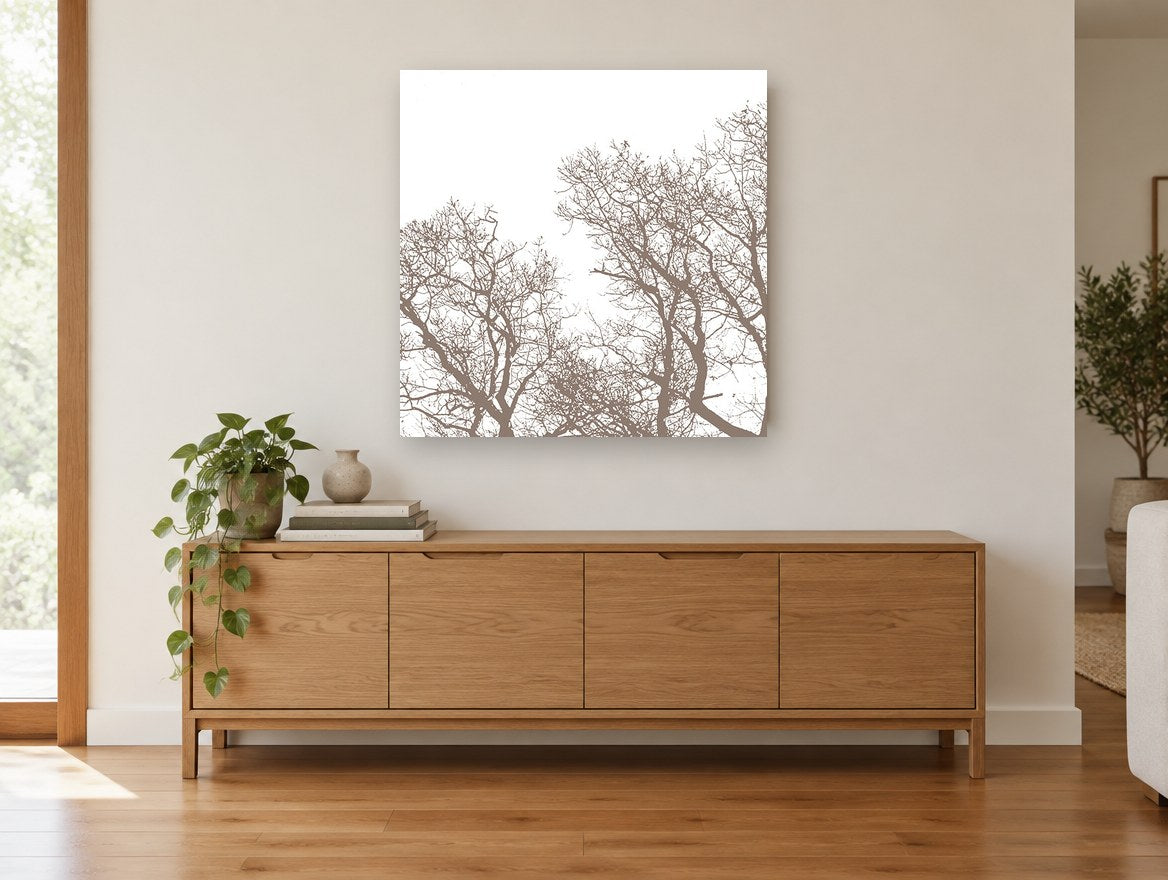 Bare Branch Canopy landscape canvas print on the wall of a living room above a sideboard