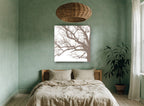 Taupe Oak Branch Tracery landscape canvas print on the wall of a bedroom