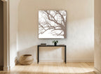 Taupe Oak Branch Tracery landscape canvas print on the wall of a hallway