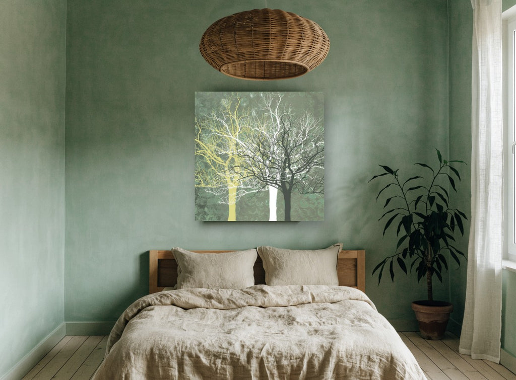 Three Bare Trees landscape canvas print on the wall of a bedroom