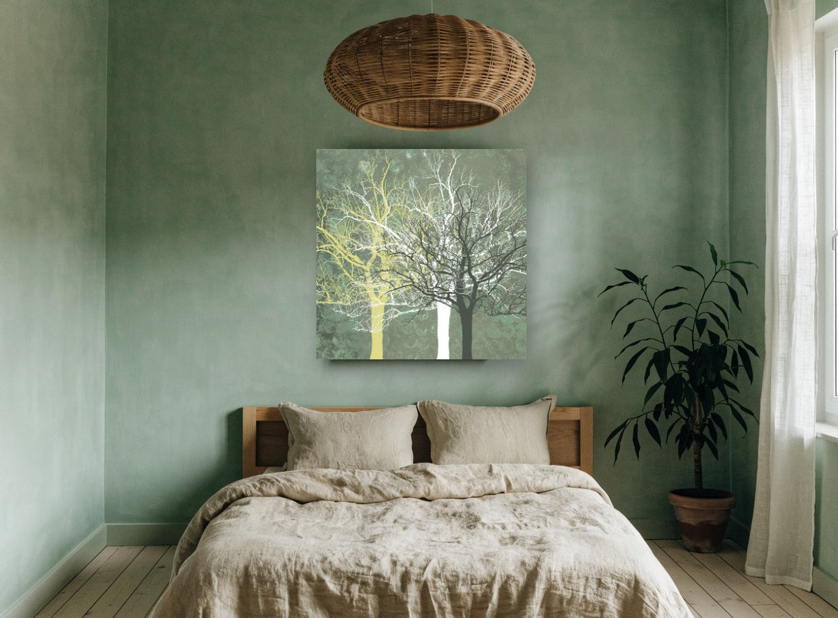 Three Bare Trees landscape canvas print on the wall of a bedroom