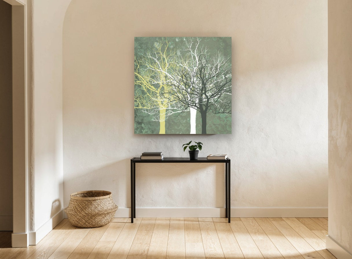 Three Bare Trees landscape canvas print on the wall of a hallway
