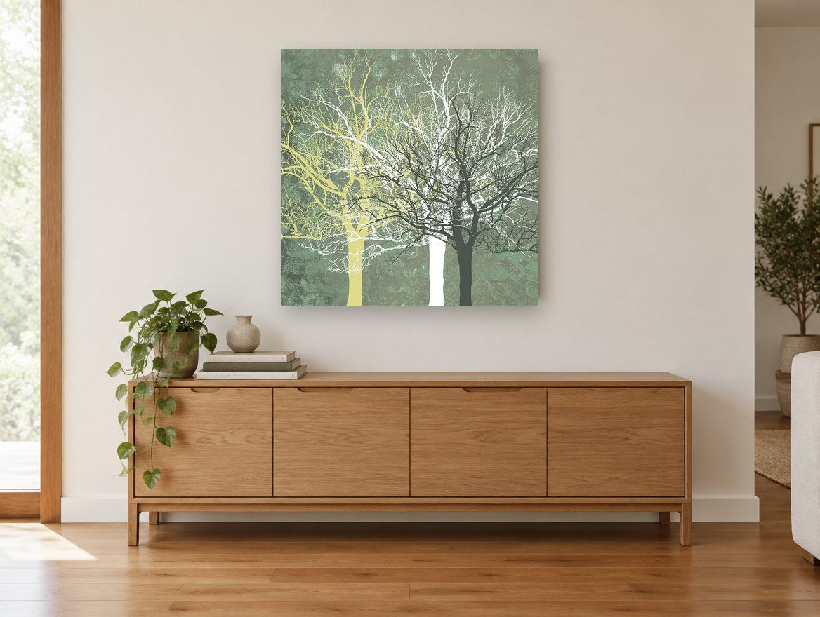 Three Bare Trees landscape canvas print on the wall of a living room above a sideboard