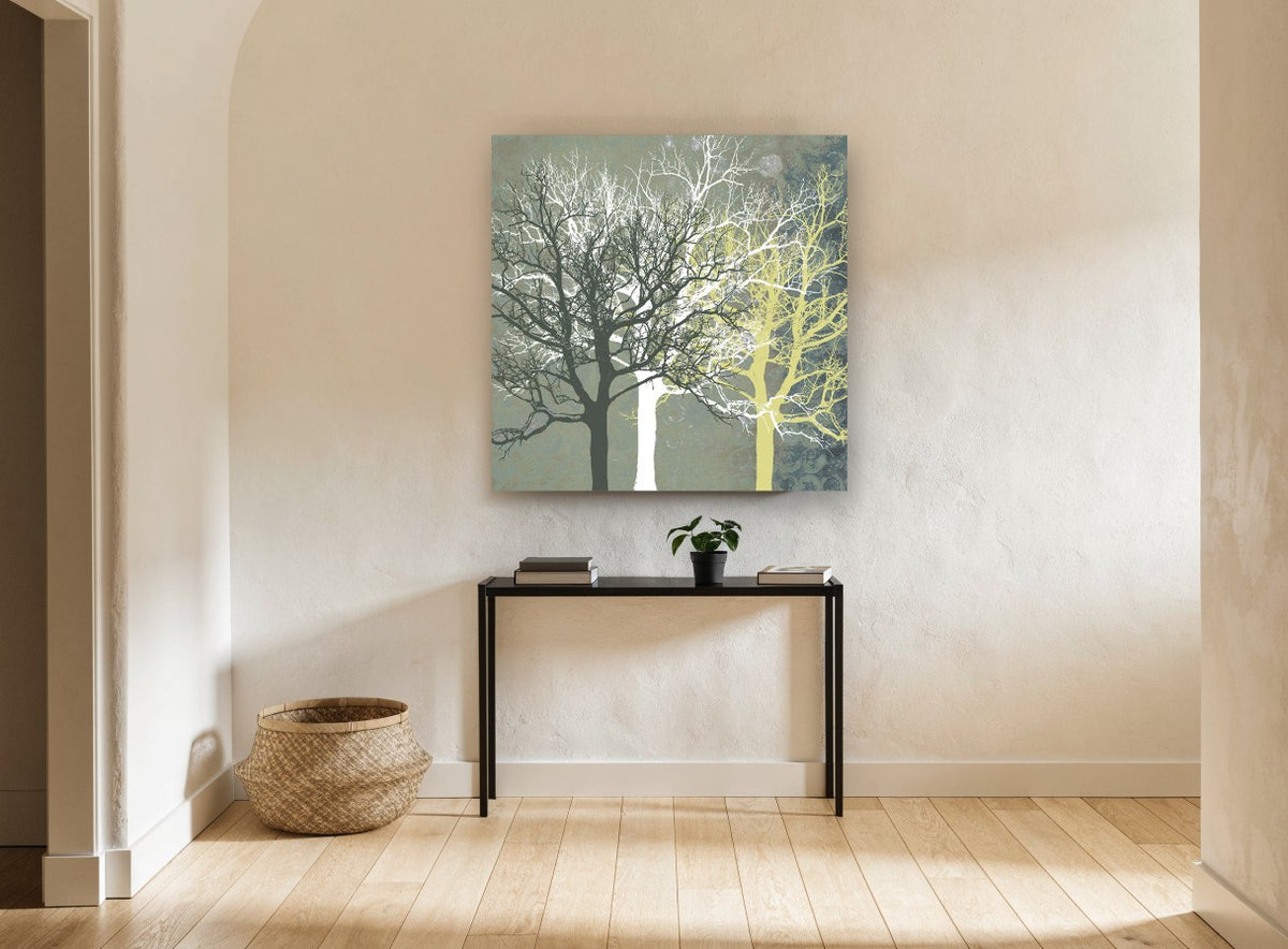 Three Tone Trees landscape canvas print on the wall of a hallway
