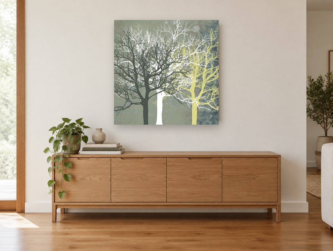 Three Tone Trees landscape canvas print on the wall of a living room above a sideboard