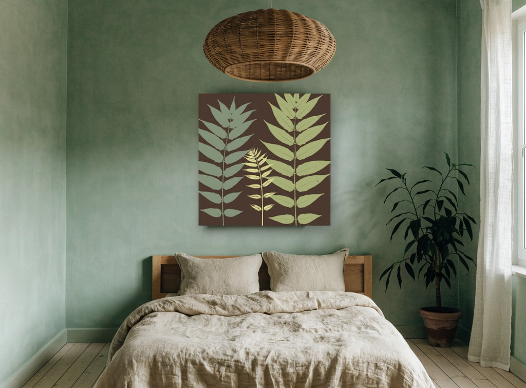 Three Fronds on Chocolate floral canvas print on the wall of a bedroom