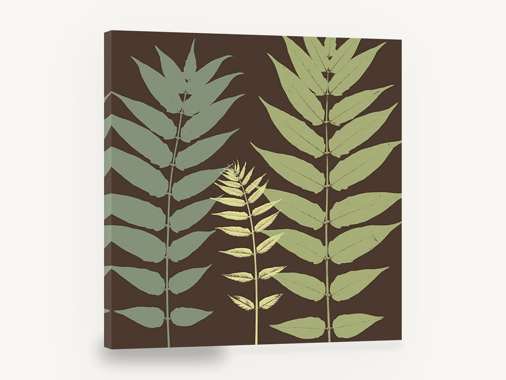 Three Fronds on Chocolate, green leaf fronds silhouette botanical, floral canvas wall art print ready to hang