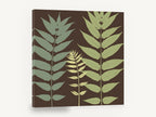 Three Fronds on Chocolate, green leaf fronds silhouette botanical, floral canvas wall art print ready to hang