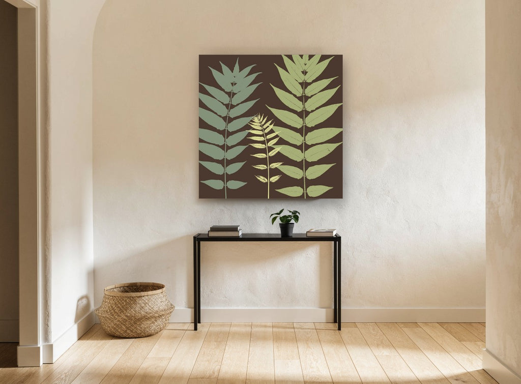 Three Fronds on Chocolate floral canvas print on the wall of a hallway