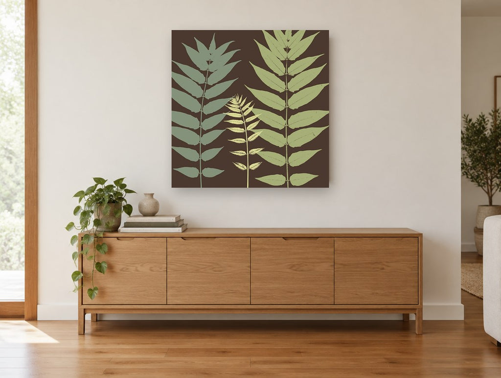 Three Fronds on Chocolate floral canvas print on the wall of a living room above a sideboard