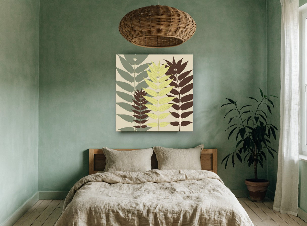 Three Leaf Fronds floral canvas print on the wall of a bedroom