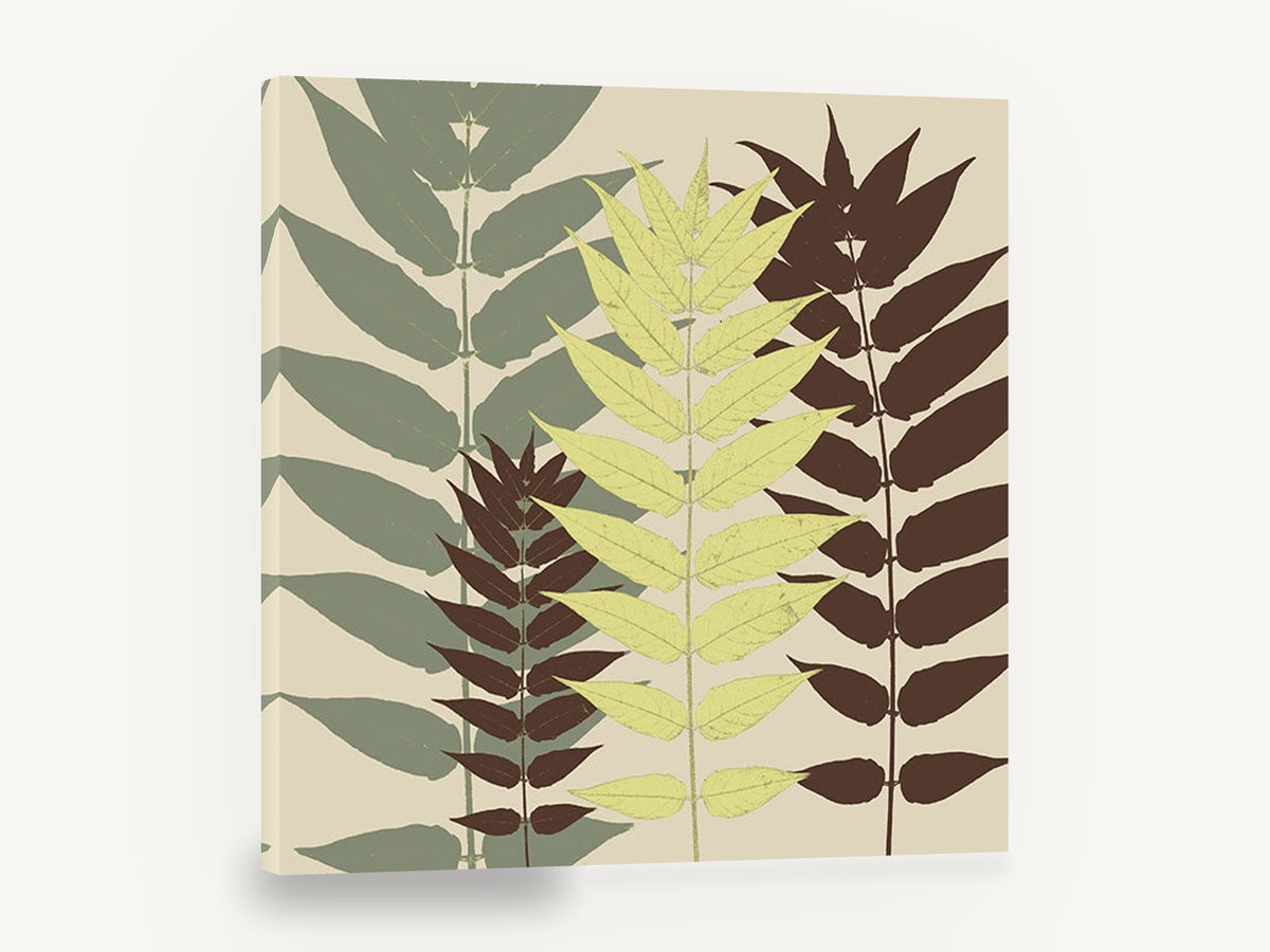 Three Leaf Fronds, green yellow brown leaf fronds, floral canvas wall art print ready to hang