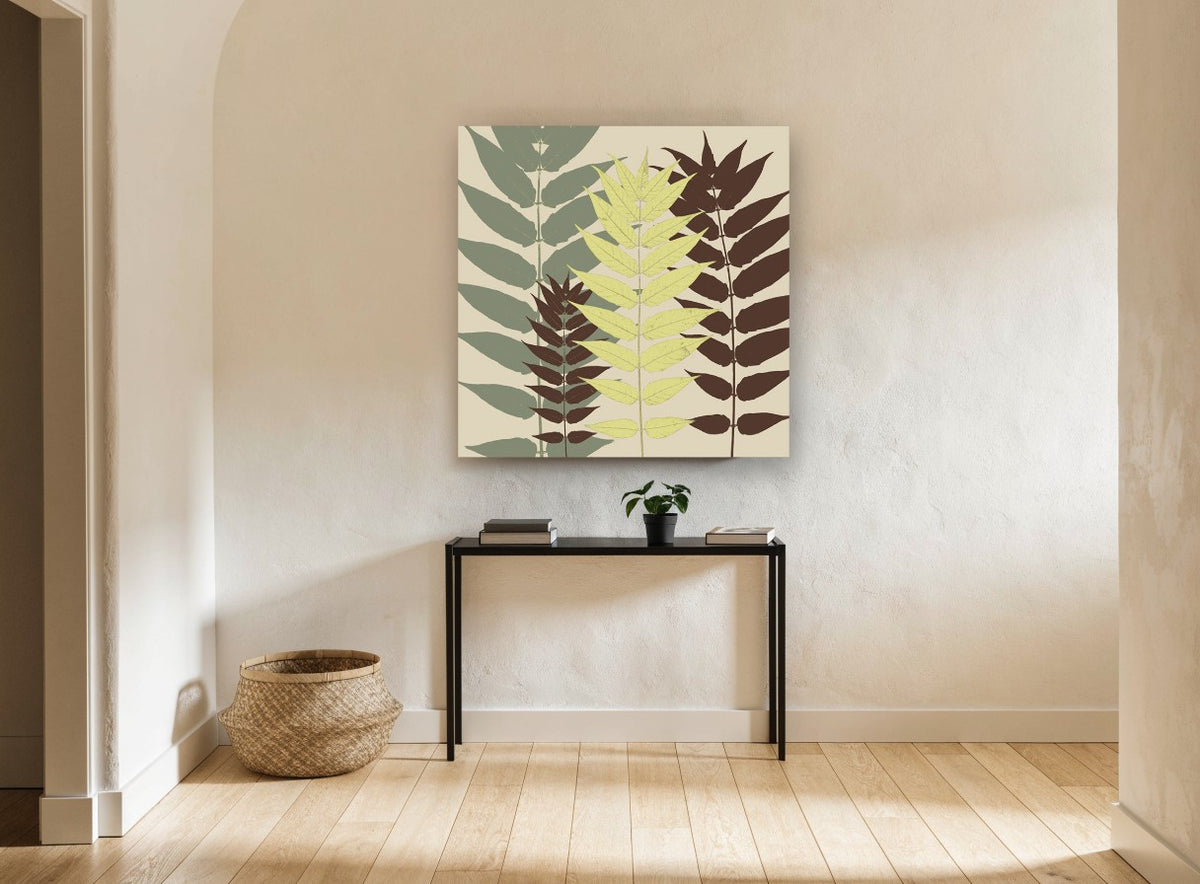 Three Leaf Fronds floral canvas print on the wall of a hallway