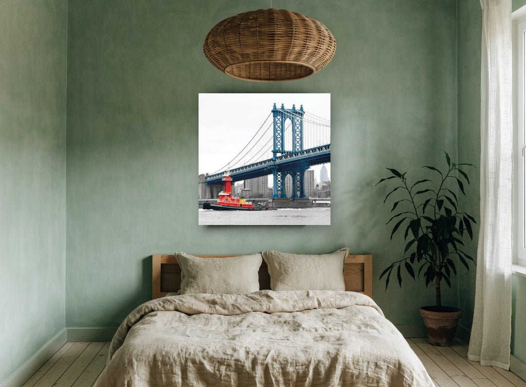 Red Tug Under Blue Span city canvas print on the wall of a bedroom