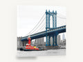 Red Tug Under Blue Span, manhattan bridge red tugboat photograph, city canvas wall art print ready to hang