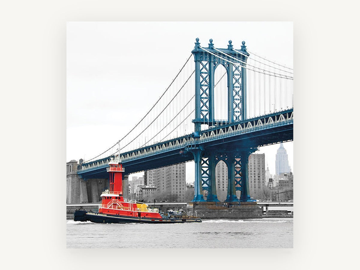 Red Tug Under Blue Span, manhattan bridge red tugboat photograph, city canvas wall art print, front view