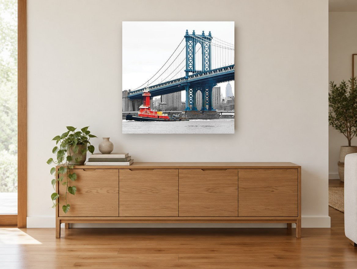 Red Tug Under Blue Span city canvas print on the wall of a living room above a sideboard