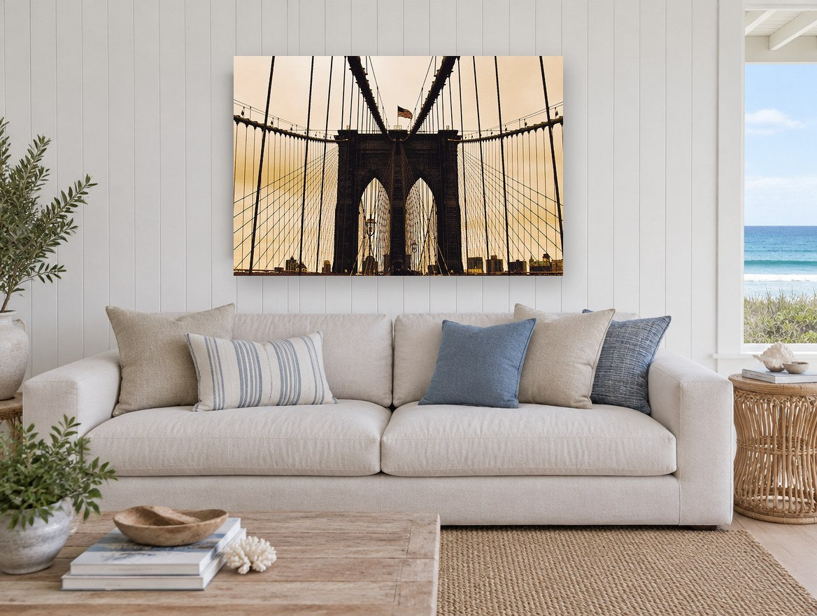 Brooklyn Bridge Sepia Towers city canvas print on the wall of a beach house living room