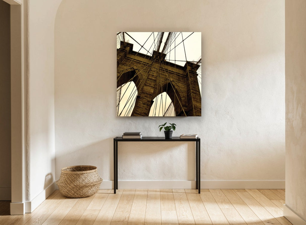 Brooklyn Bridge Sepia Tower city canvas print on the wall of a hallway