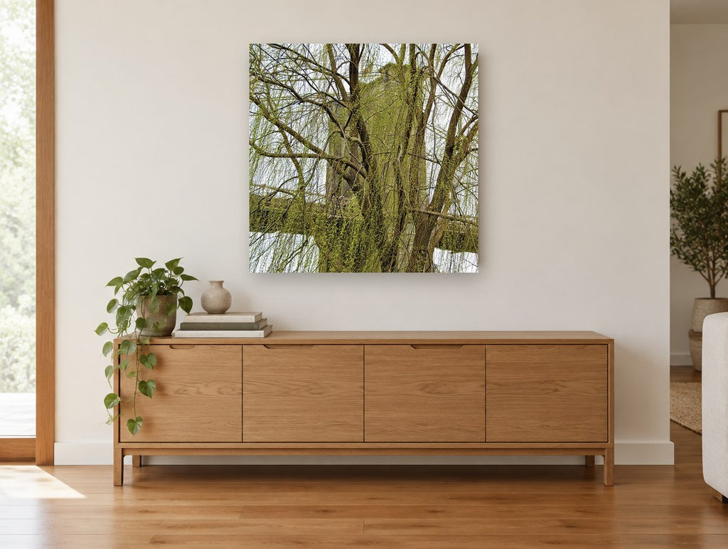 Willow Veil Bridge city canvas print on the wall of a living room above a sideboard