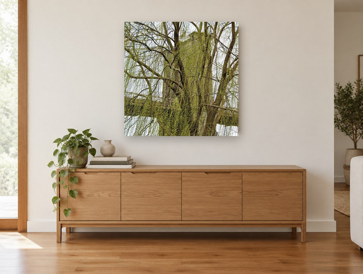 Willow Veil Bridge city canvas print on the wall of a living room above a sideboard