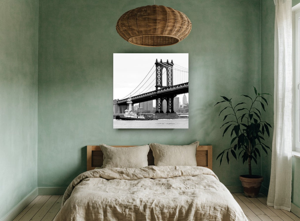 Tug Under the Bridge city canvas print on the wall of a bedroom