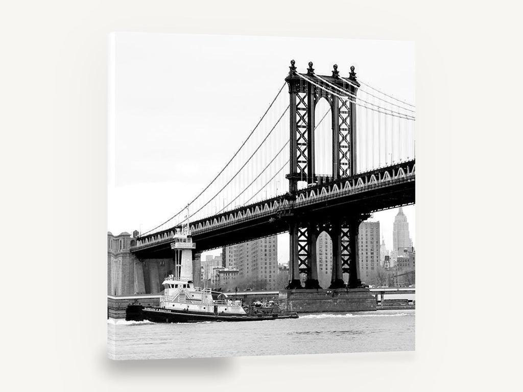 Tug Under the Bridge, manhattan bridge tugboat black and white photograph, city canvas wall art print ready to hang